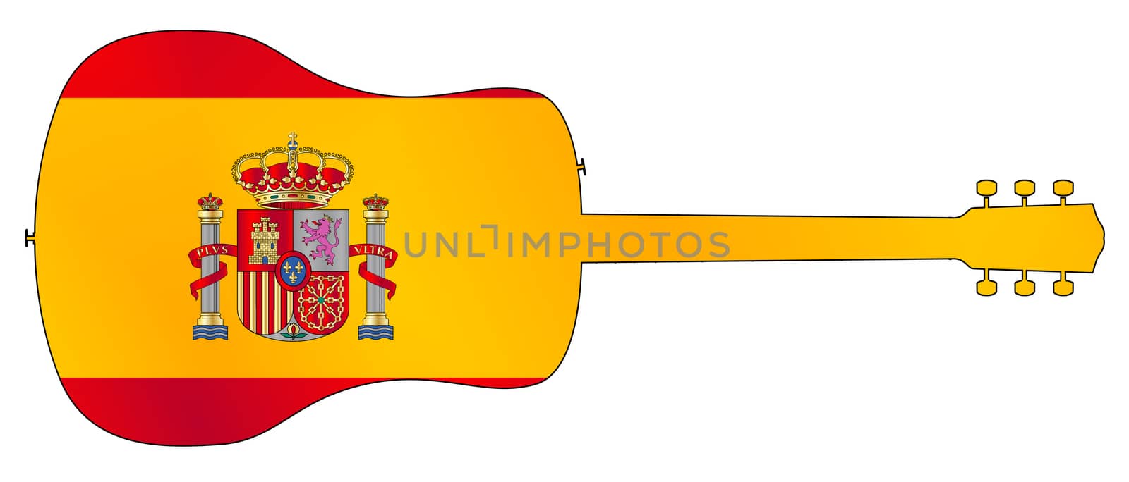 A typical acoustic guitar silhouette isolated over a white background with a Spanish flag