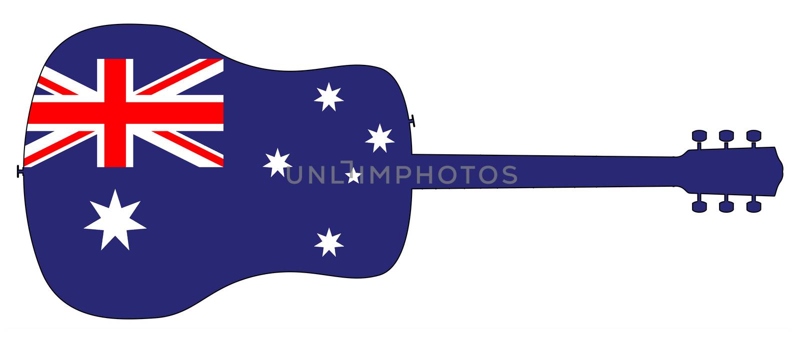 A typical acoustic guitar silhouette isolated over a white background with a Australia flag