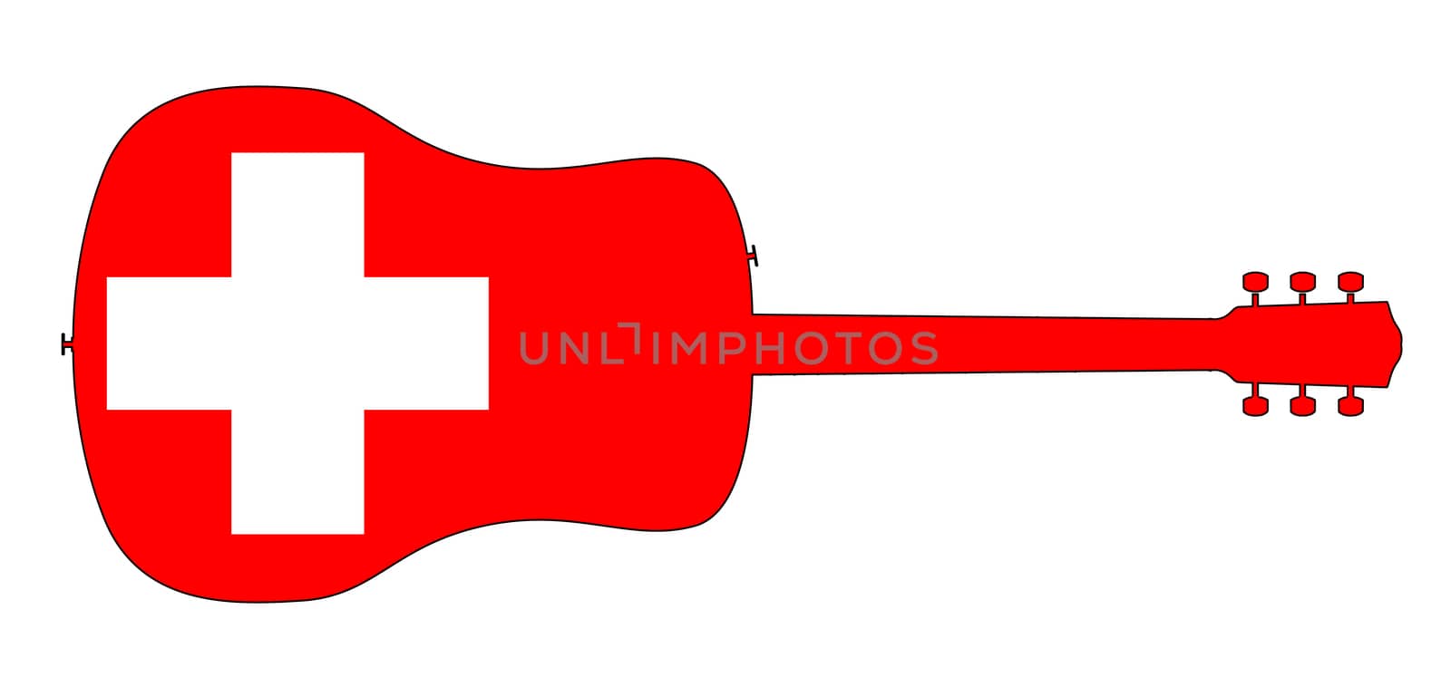 A typical acoustic guitar silhouette isolated over a white background with a Switzerland flag