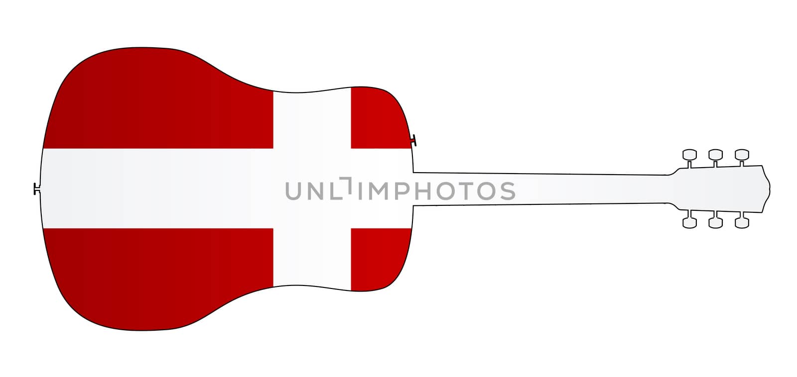 A typical acoustic guitar silhouette isolated over a white background with a Denmark flag