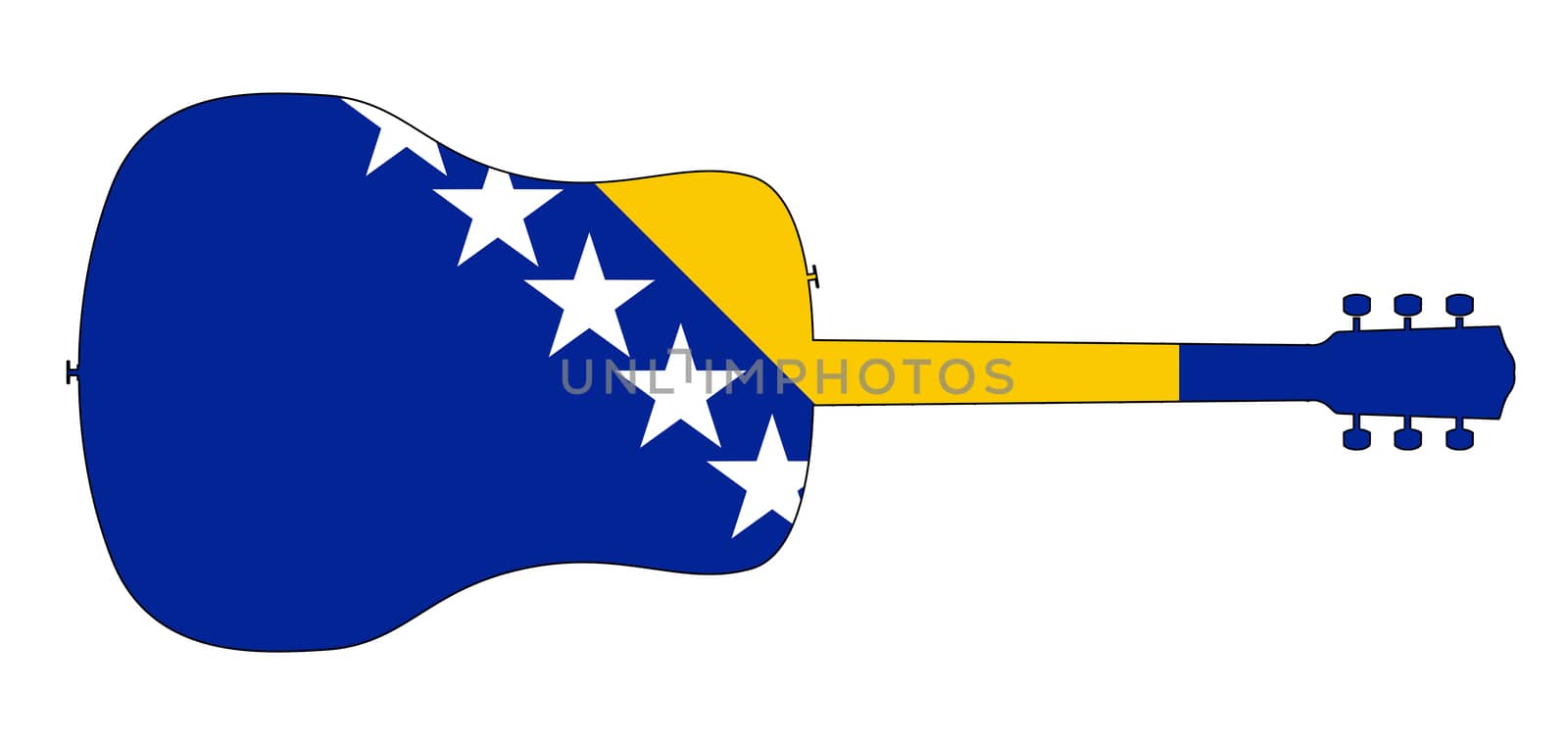 A typical acoustic guitar silhouette isolated over a white background with a Bosnia and Herzegovina flag