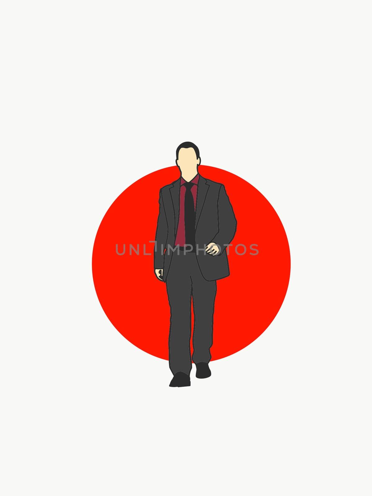 Illustration of a business man walking in front of a Japanese flag.