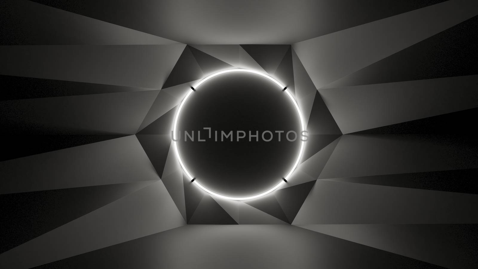 Abstract geometry lit by a neon white circle lamp. Soft shadows. 3D illustration. The vanishing point of the wall geometry in the center of the image on the circle