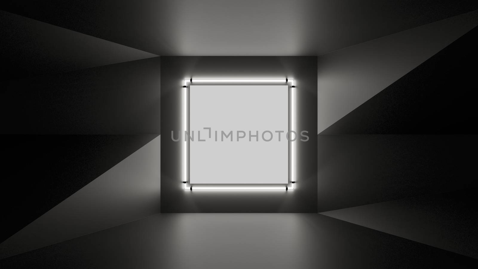 Abstract geometry lit by a neon white square lamp. Soft shadows. 3D illustration. The vanishing point of the wall geometry in the center of the image on the square. Empty advertising space