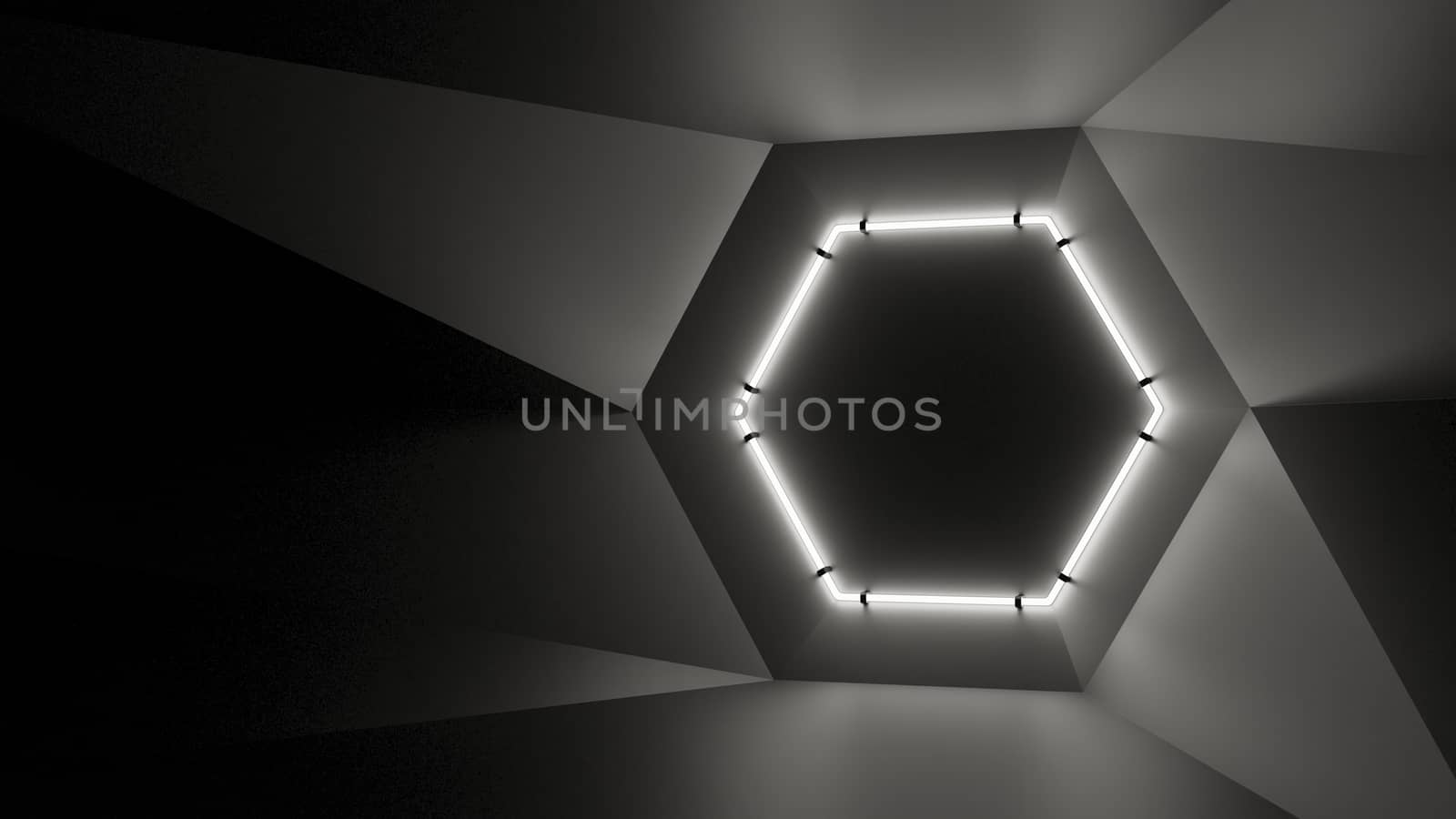 Abstract geometry lit by a neon white hexagonal lamp. Soft shadows. 3D illustration. The vanishing point of the wall geometry in the center of the image on the hex. Empty advertising space
