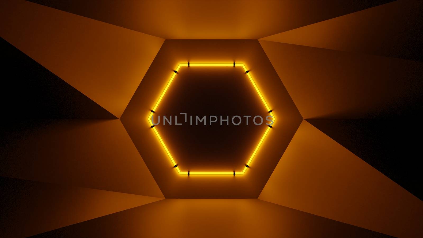 Abstract geometry lit by a neon orange hexagonal lamp. Soft shadows. 3D illustration. The vanishing point of the wall geometry in the center of the image on the hex. Empty advertising space
