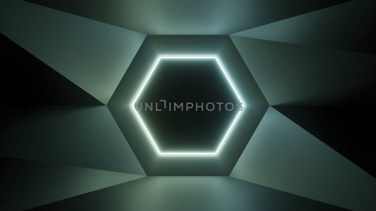 Abstract geometry lit by a neon green hexagonal lamp. Soft shadows. 3D illustration. The vanishing point of the wall geometry in the center of the image on the hex. Empty advertising space