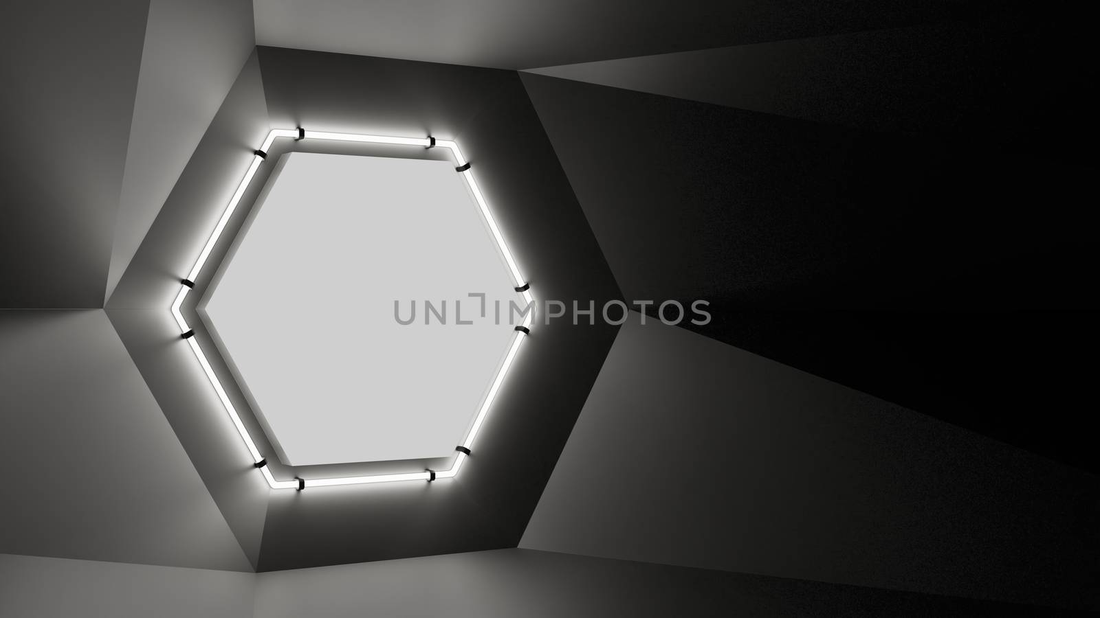 Abstract geometry lit by a neon white hexagonal lamp by cherezoff