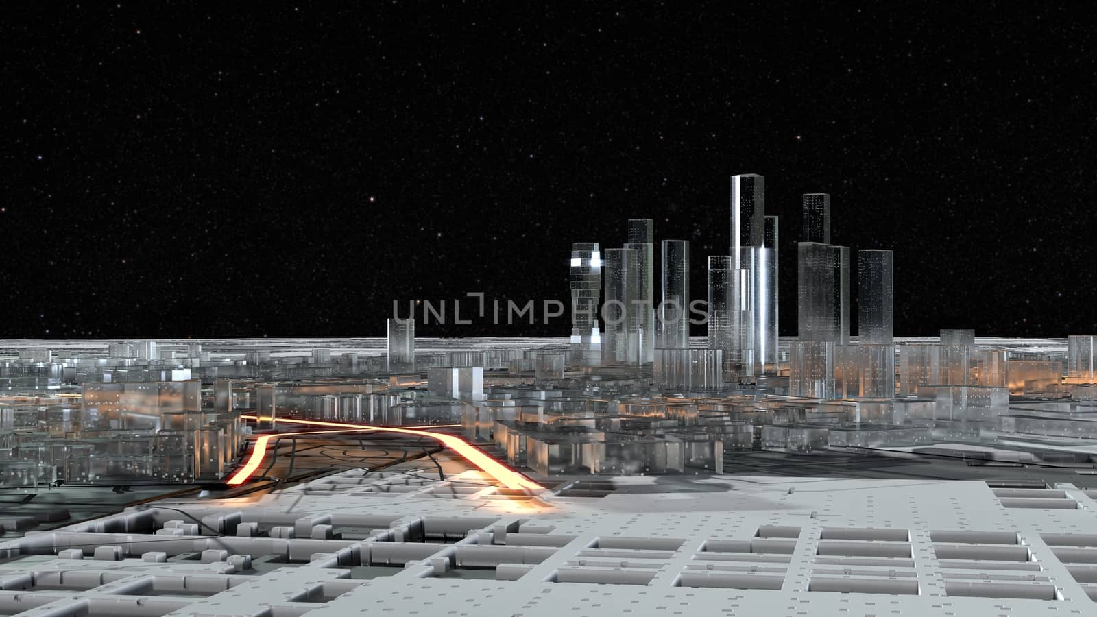 Abstract 3D city of glass with luminous roads on the surface imitating a spaceship. 3D illustration. The concept of a future city. Element of this image furnished by NASA