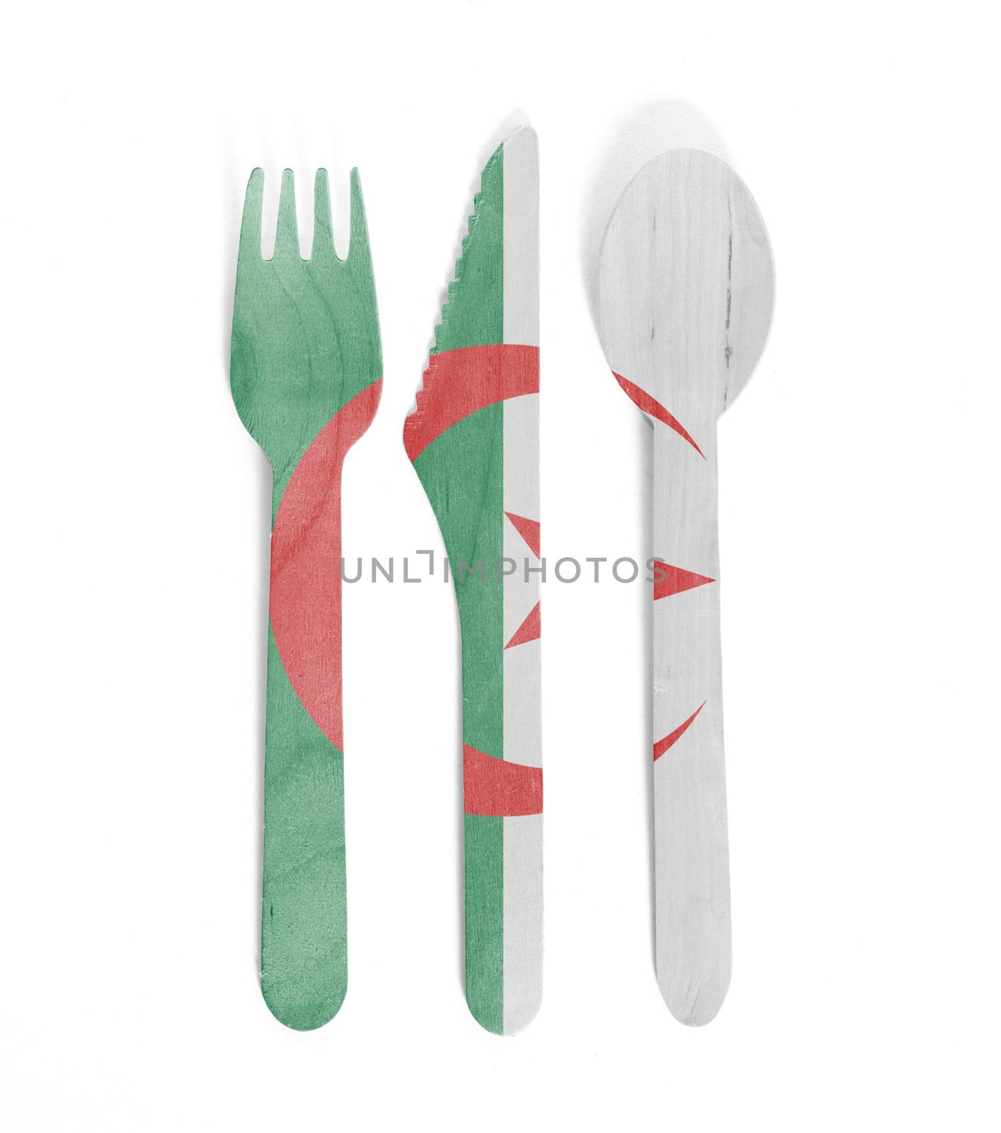 Eco friendly wooden cutlery - Plastic free concept - Isolated - Flag of Algeria