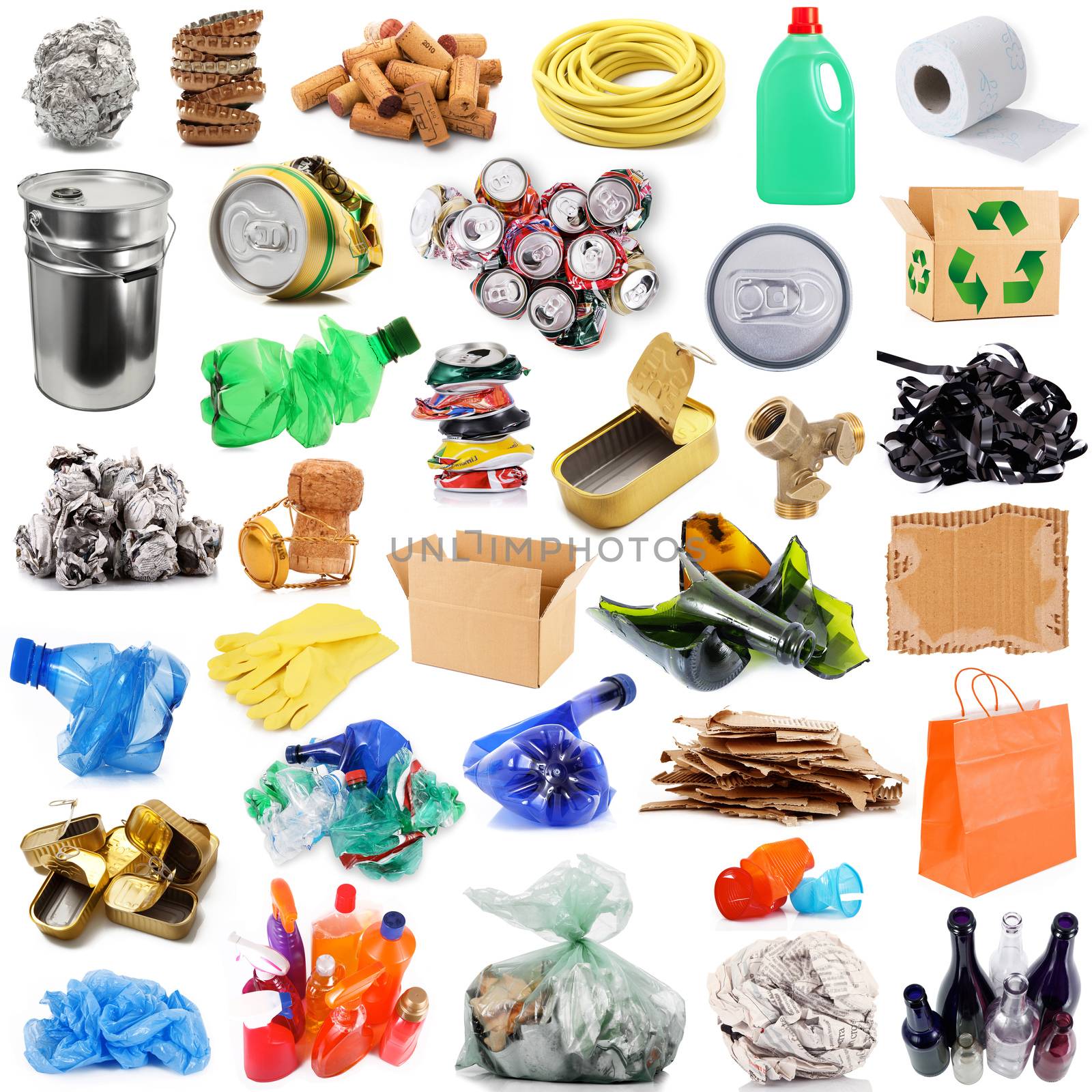 Recyclable waste collage on white background
