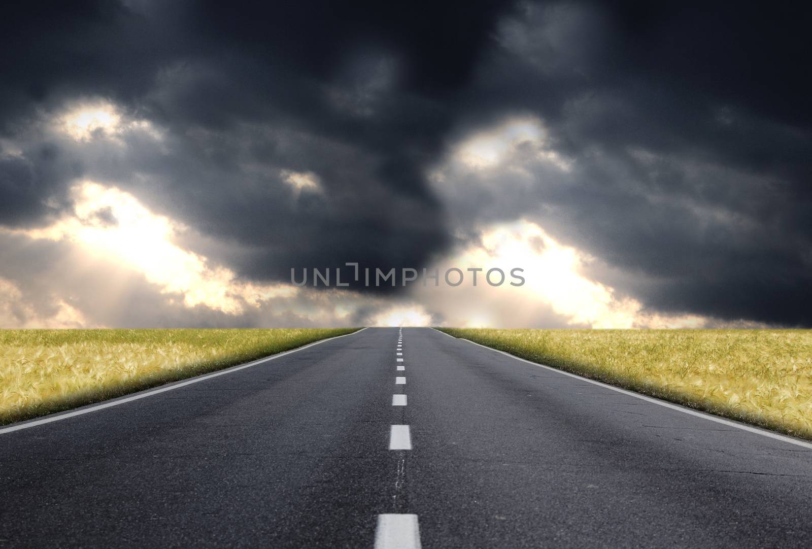 a fantastic desert road with clouds