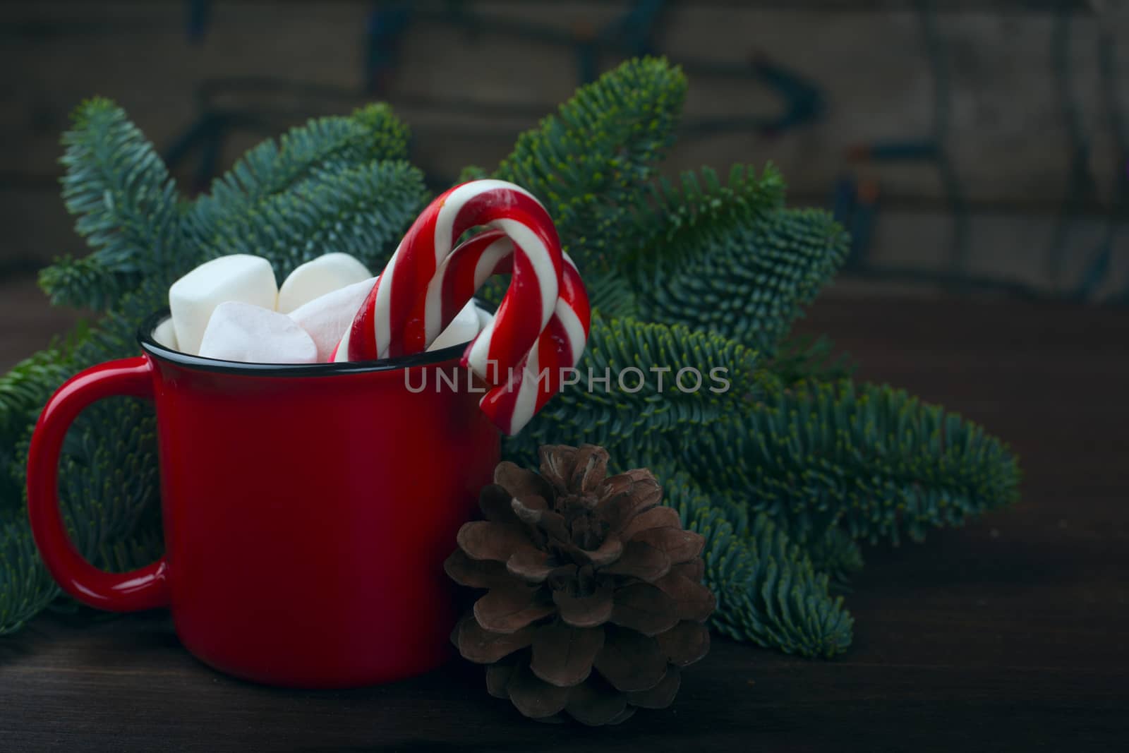 Cocoa in red mug with marshmallows and candy cane and Christmas fir tree on dark wooden background