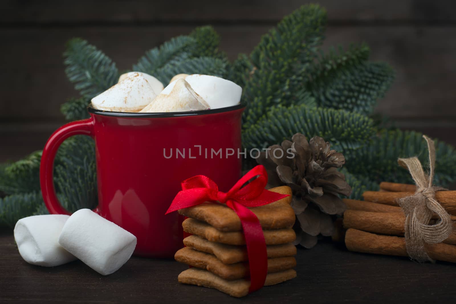 Cocoa red mug with marshmallows by destillat