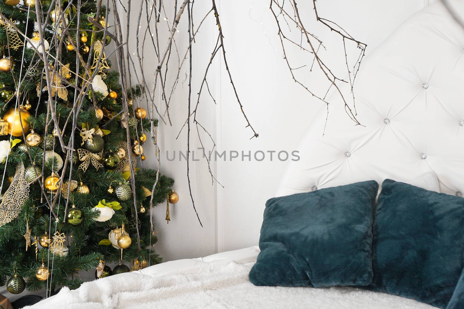 Bright white room with canopy of branches - christmas decoration by natali_brill