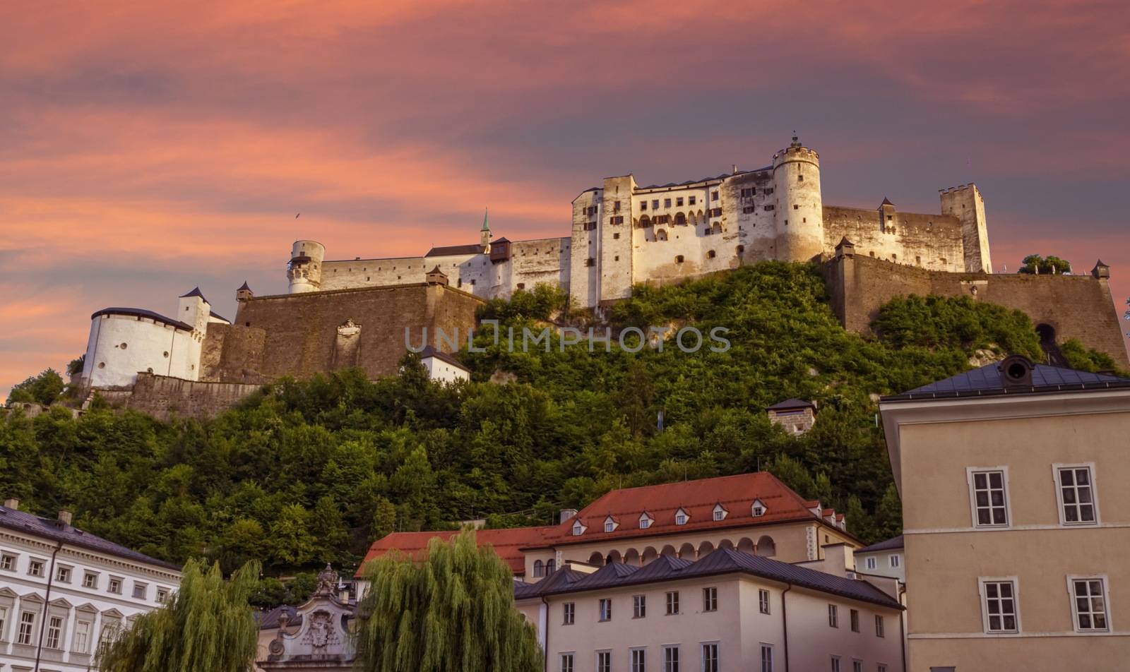 Famous Hohensalzburg Fortress on a hill in Salzburg by day, Austria