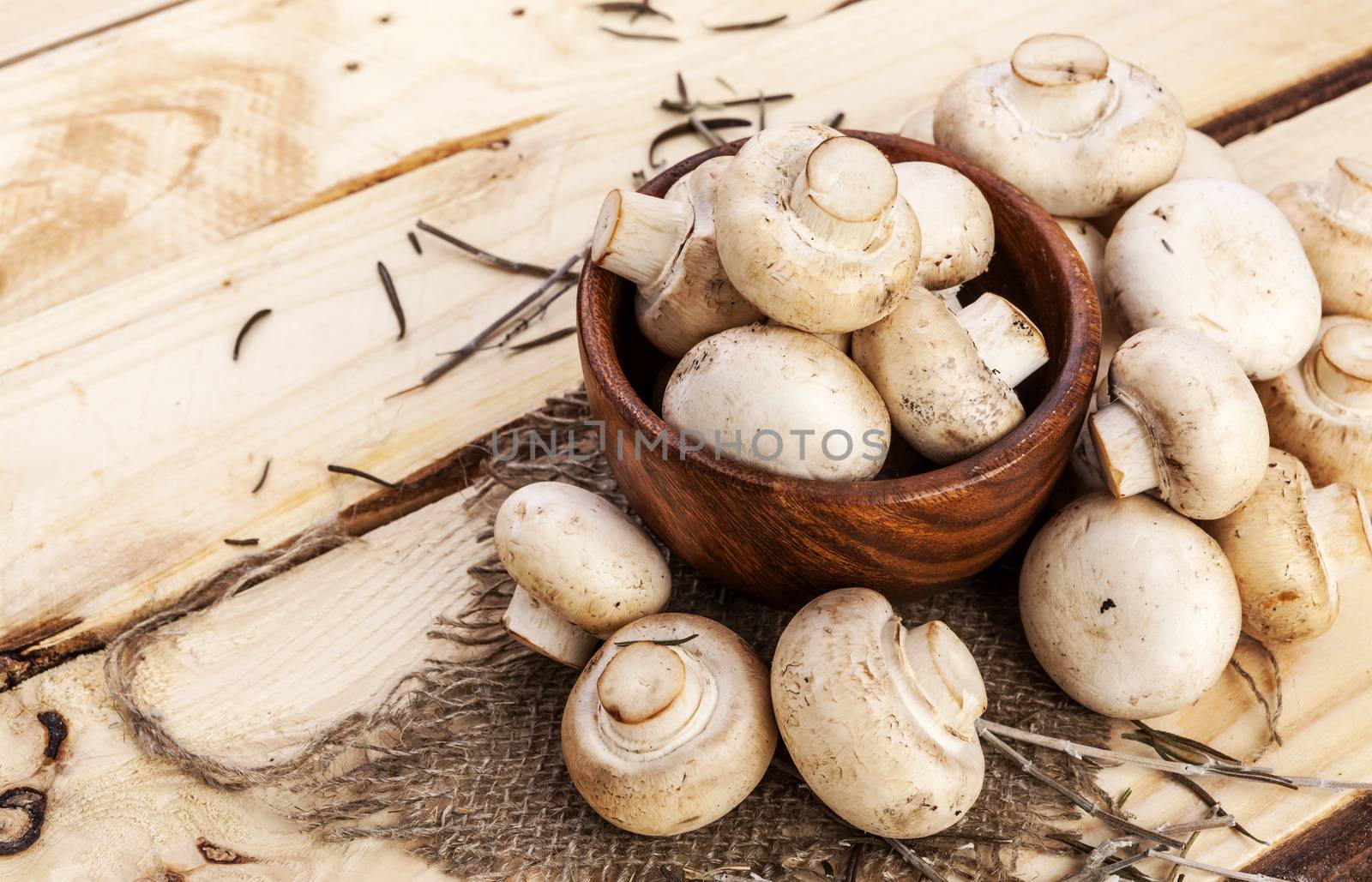 Heap of fresh champignon mushrooms on wooden table. Copy space