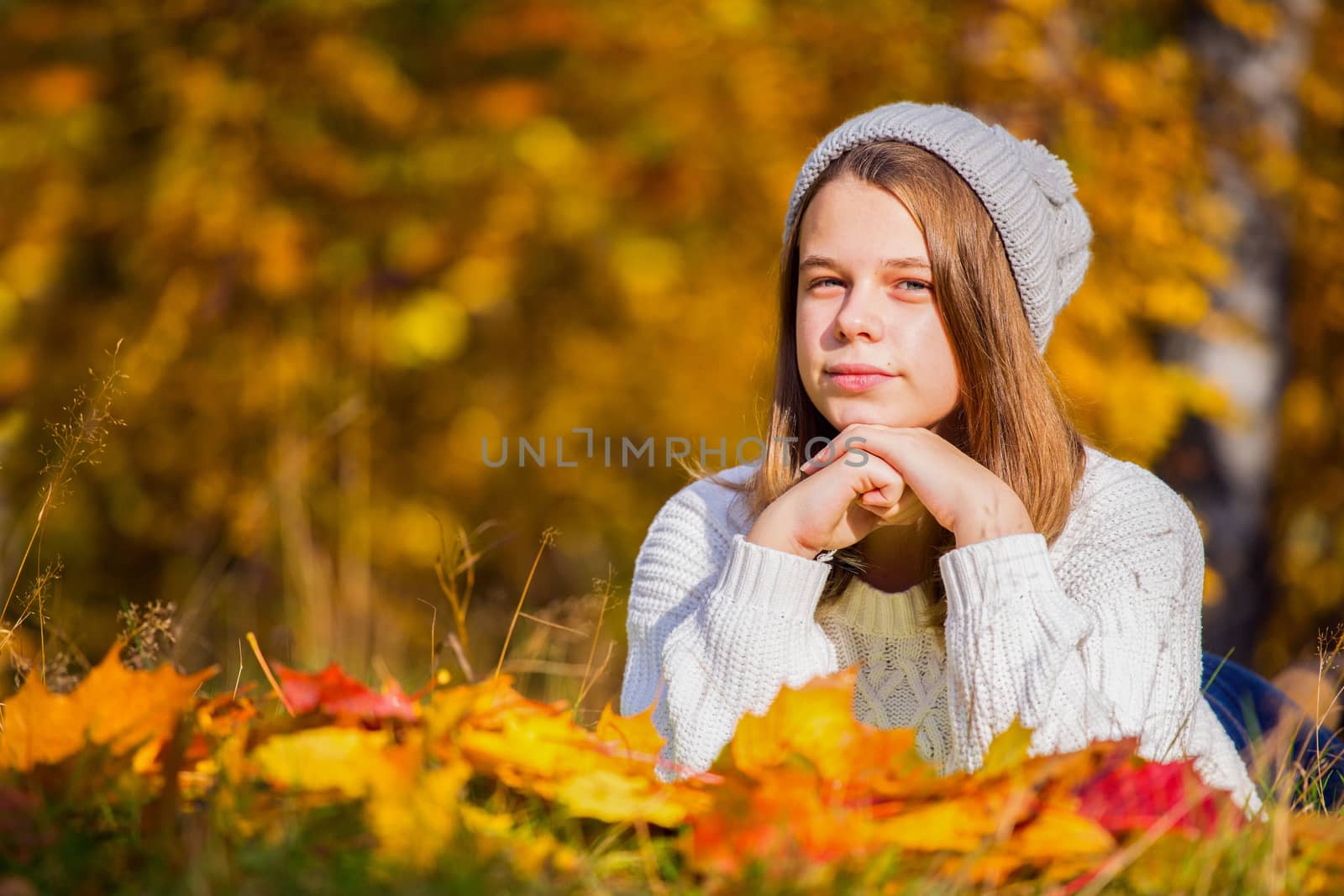 Pretty girl in autumn park by destillat