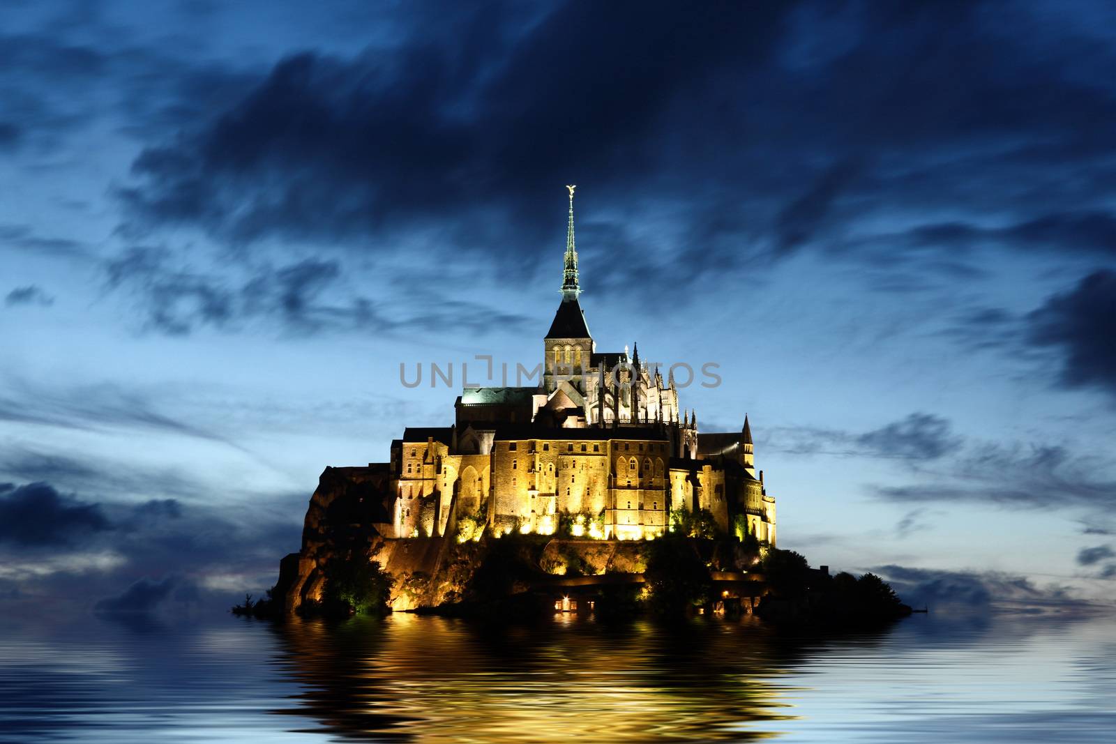 view of Mont Saint Michel abbey at night