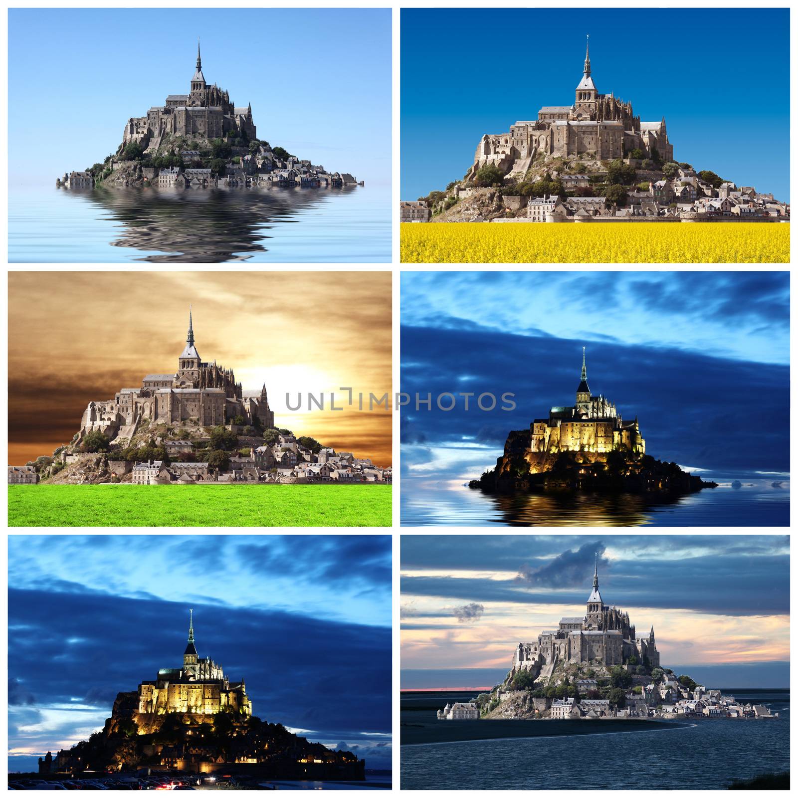 a collage of view of Mont Saint Michel abbey
