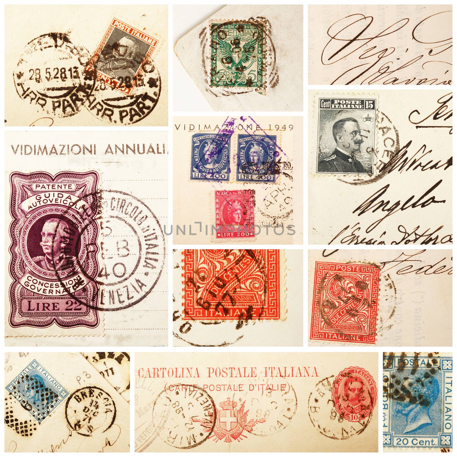 a Collage of old stamps and postal stamps