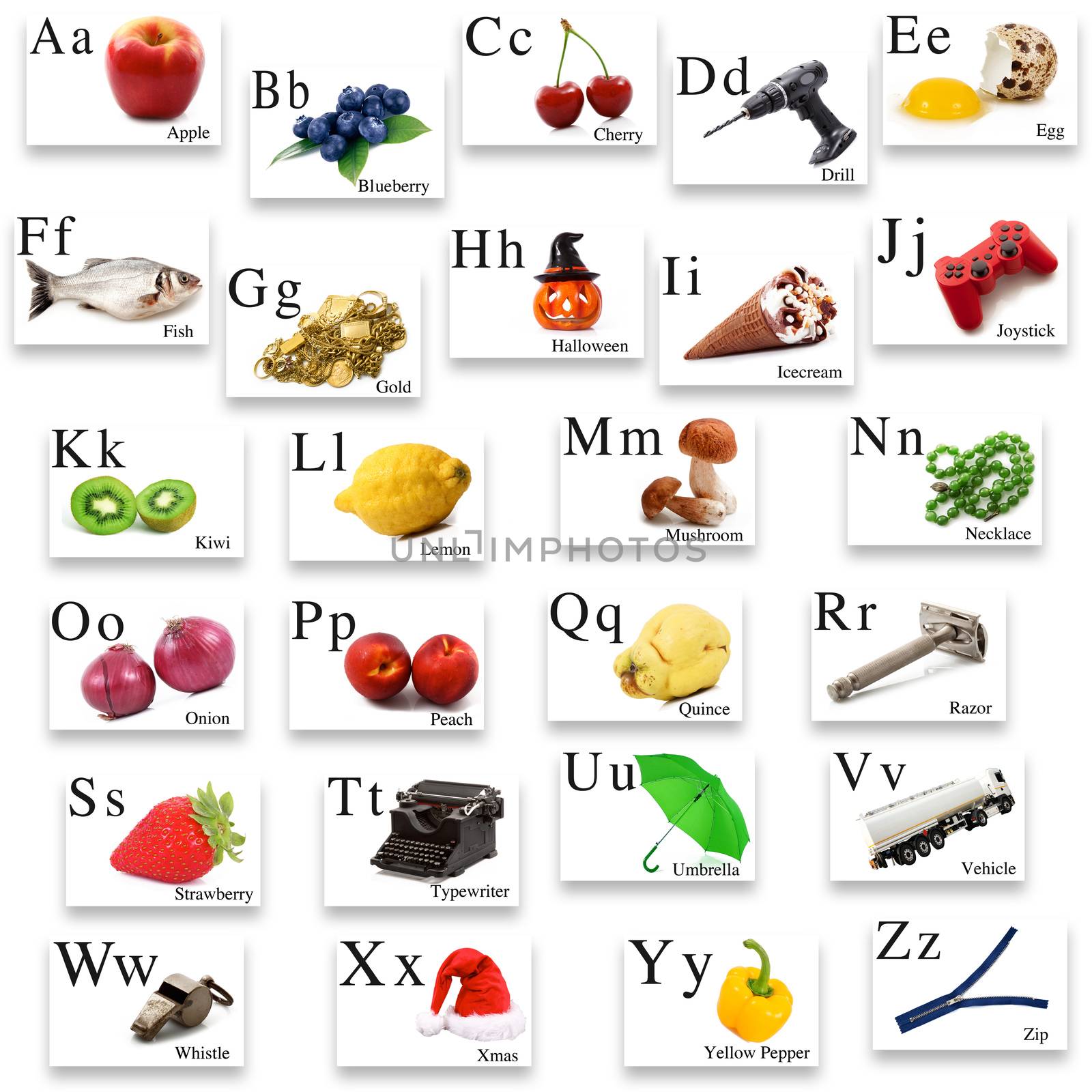 English alphabet with image on white background