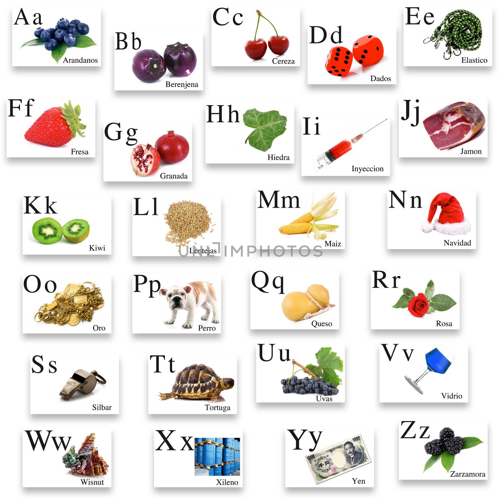 spanish alphabet with image on white background