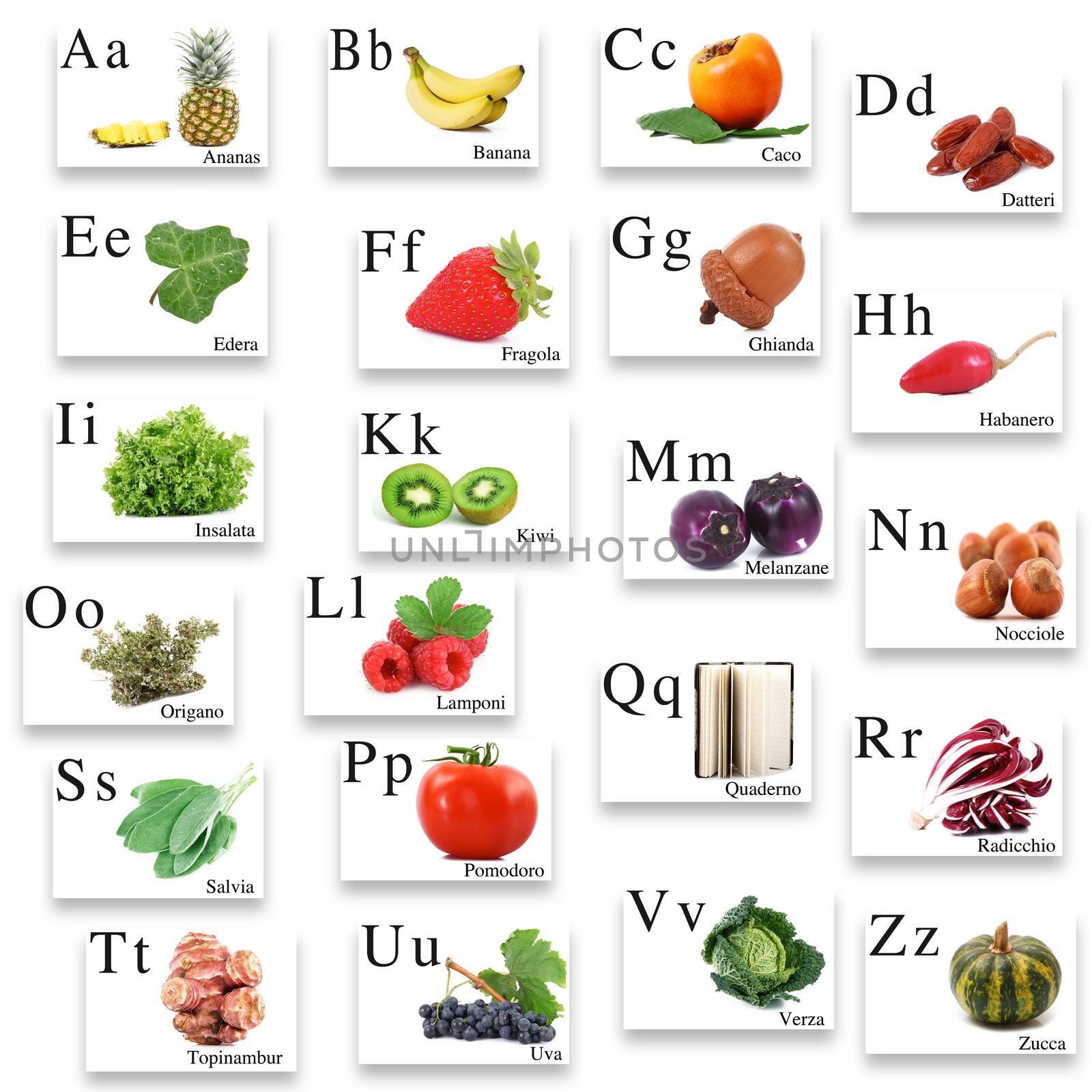 italian alphabet with image on white background