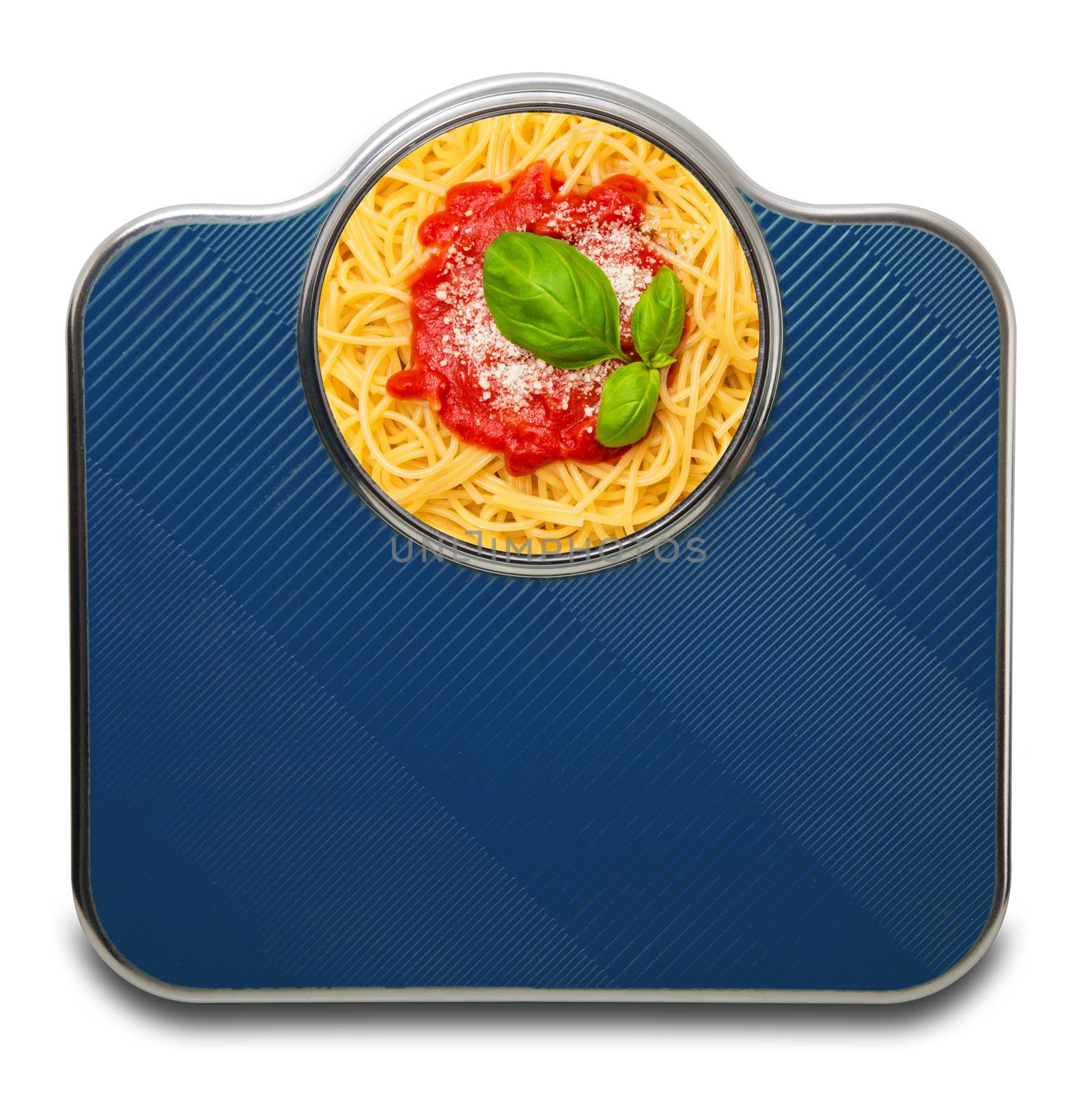 Scales for people with italian pasta on white background