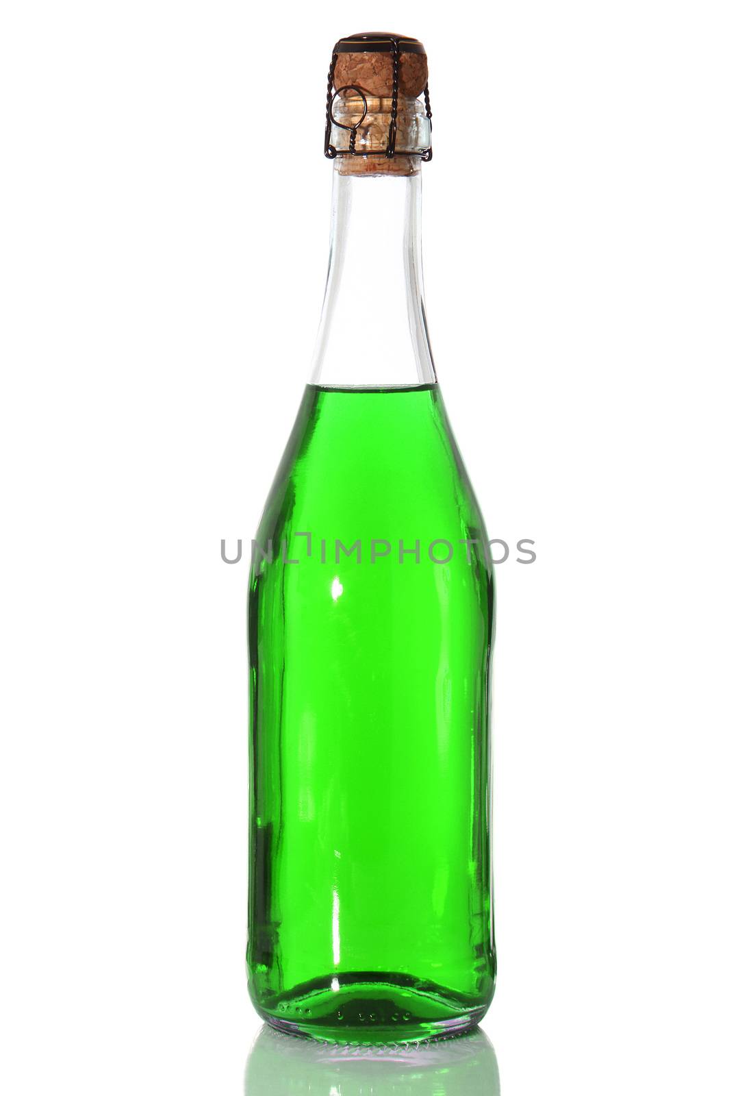 bottle with green liquid on white background