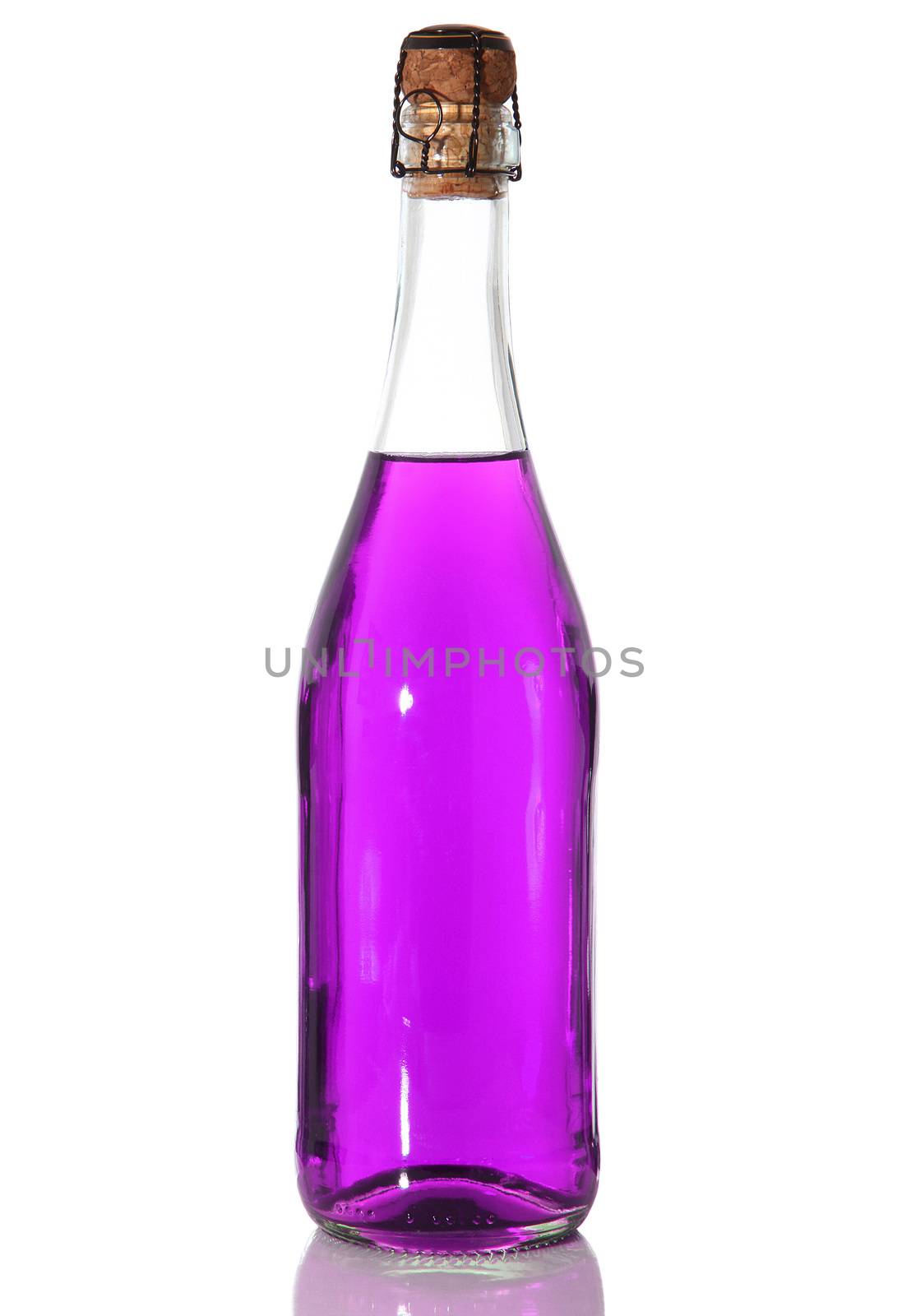 bottle with purple liquid on white background
