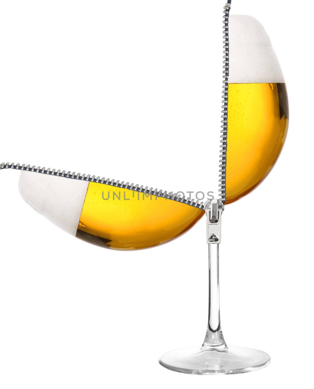 half beer glass on white background