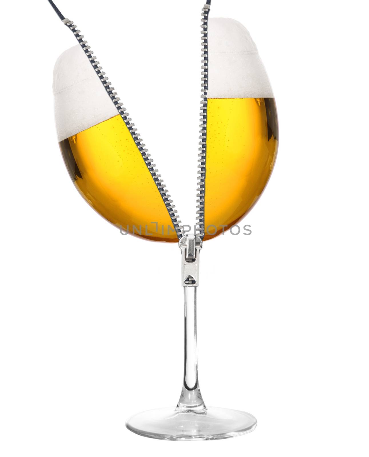 half beer glass on white background