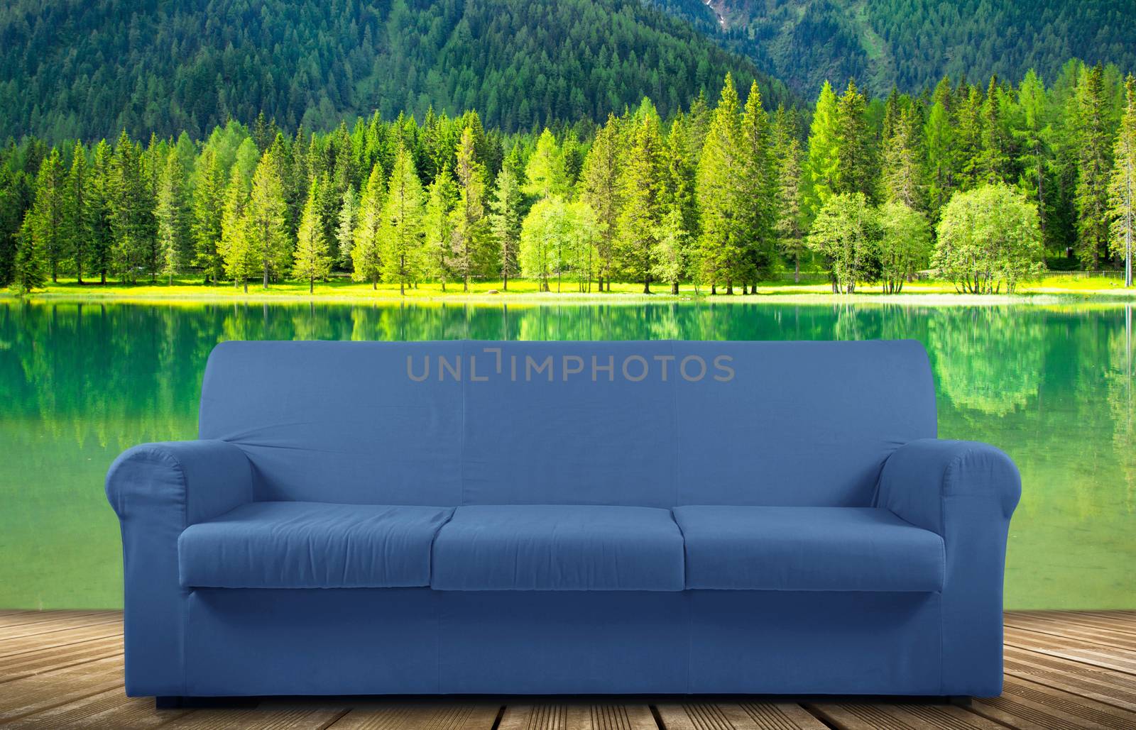 Blue sofa on nature background