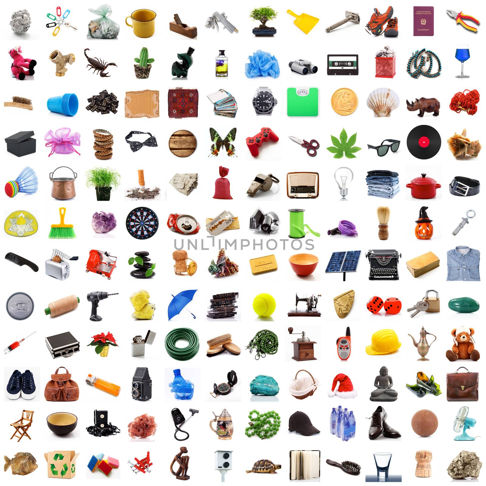 Collection of objects in chaos on white background