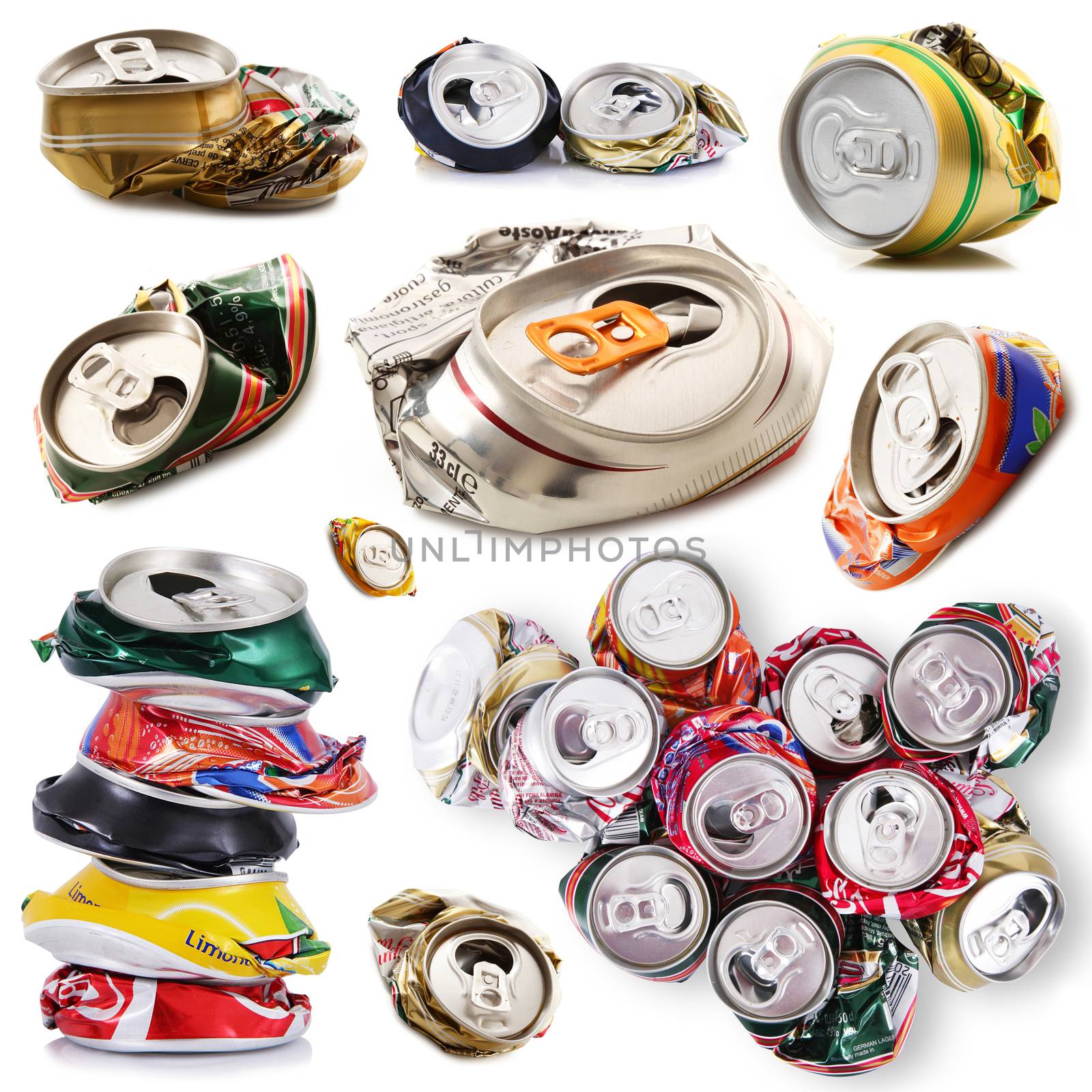 Crushed aluminum can collage on white background
