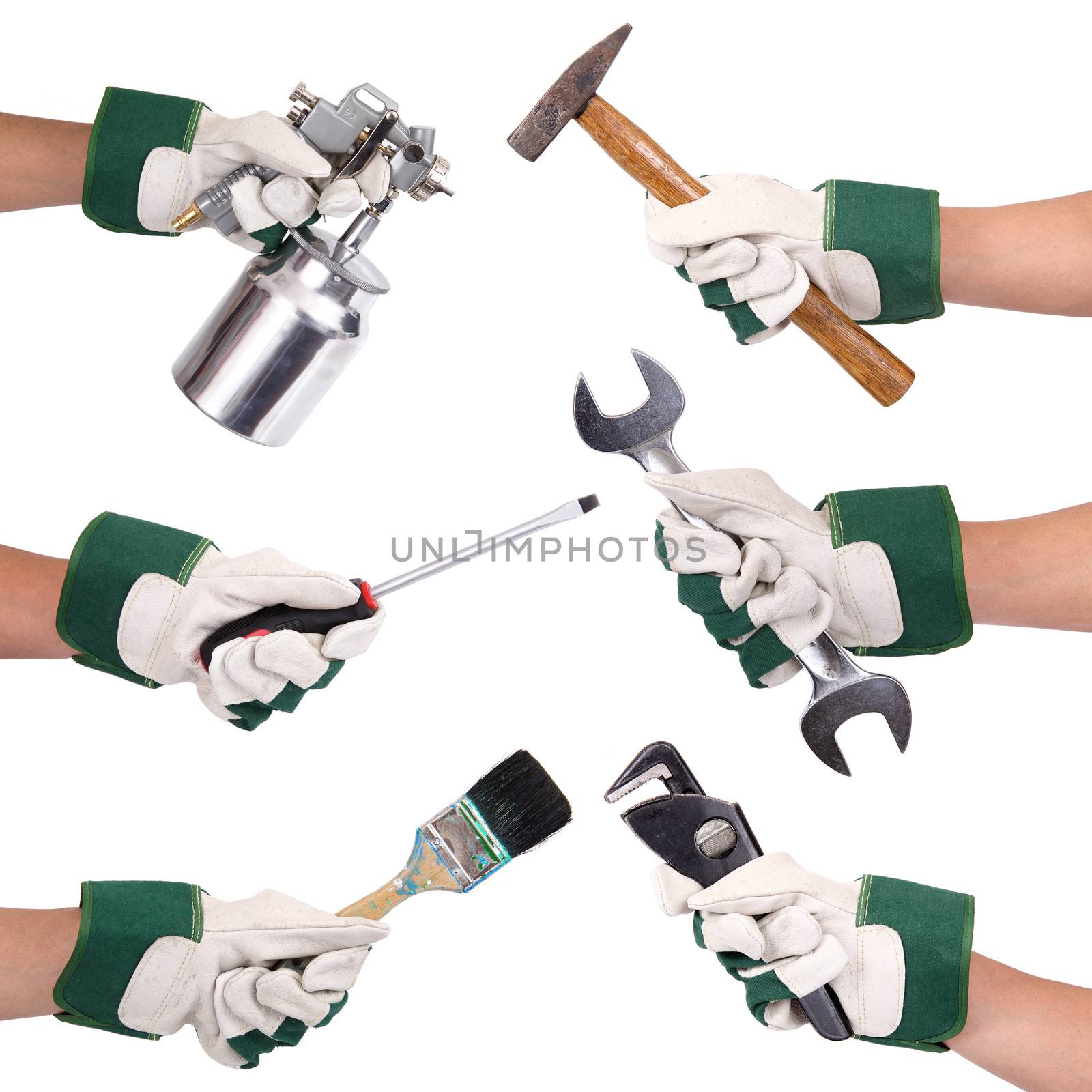 hands with gloves and tools collage on white background