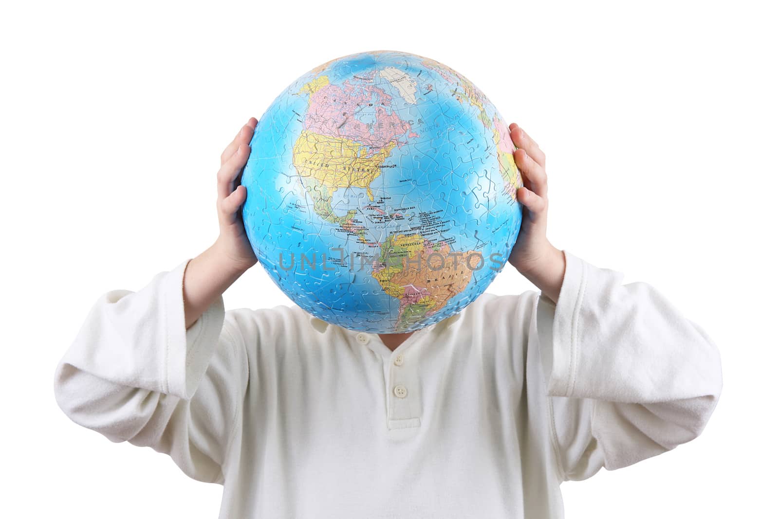 Little boy holding with hands a globe in place of head