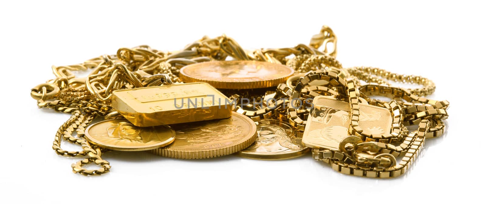 precious gold objects on white background