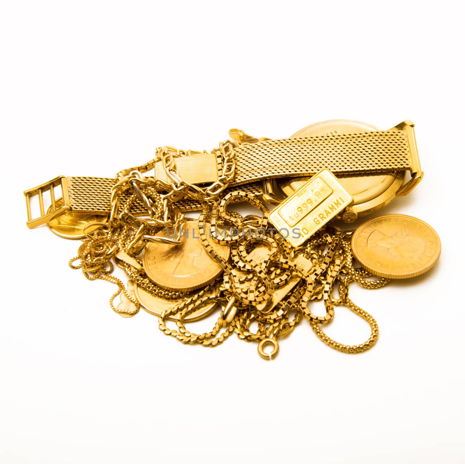 precious gold objects on white background