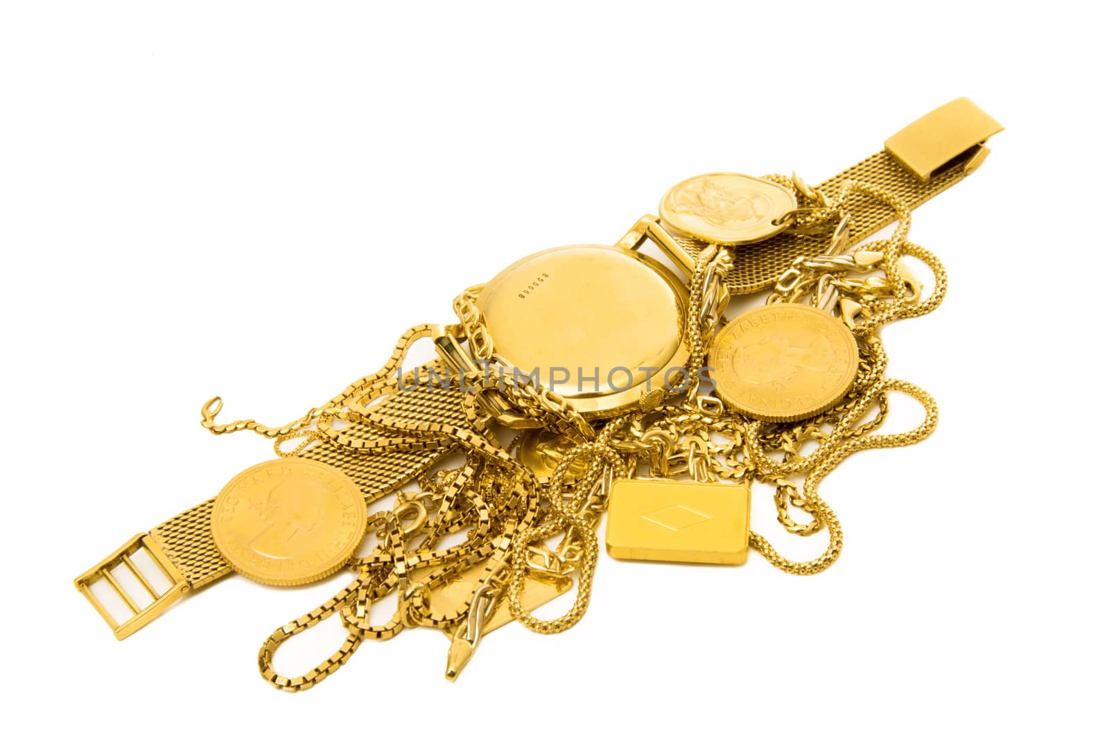 precious gold objects on white background