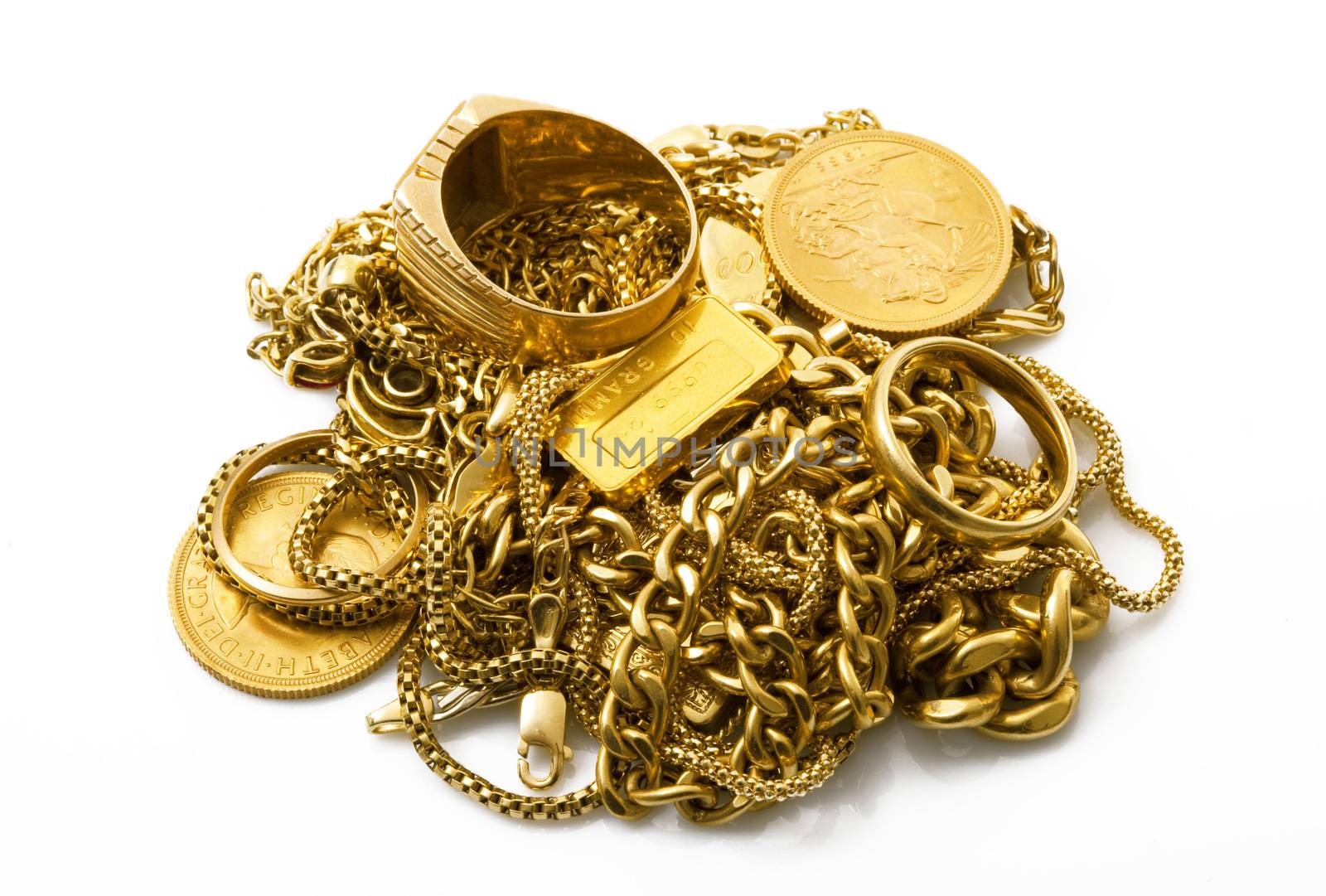 precious gold objects on white background