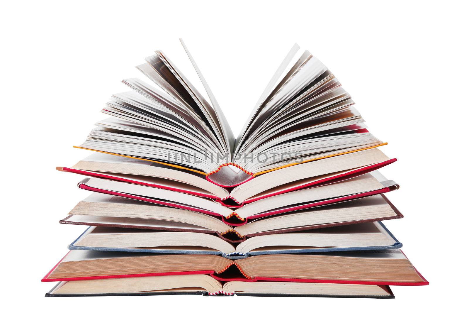 Stack of books on white background