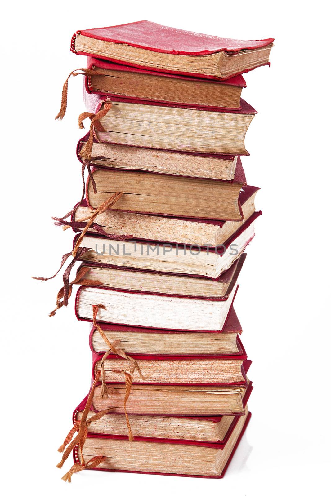 Stack of books on white background