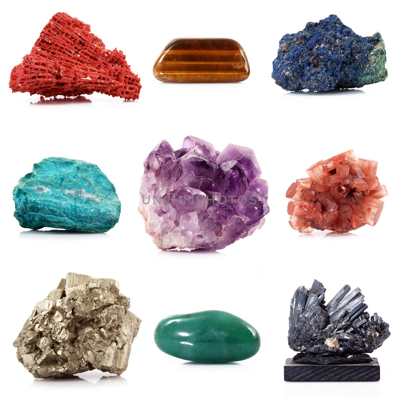 isolated mineral crystals collage on white background