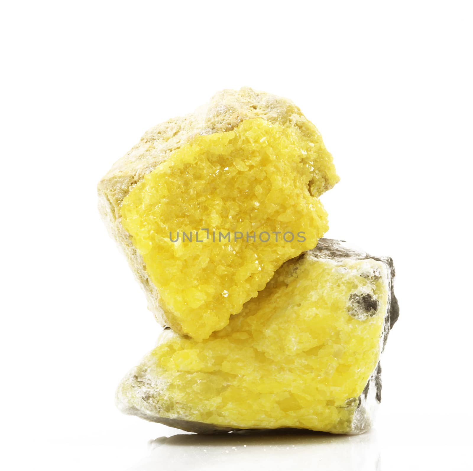 Sulphur crystals on white background