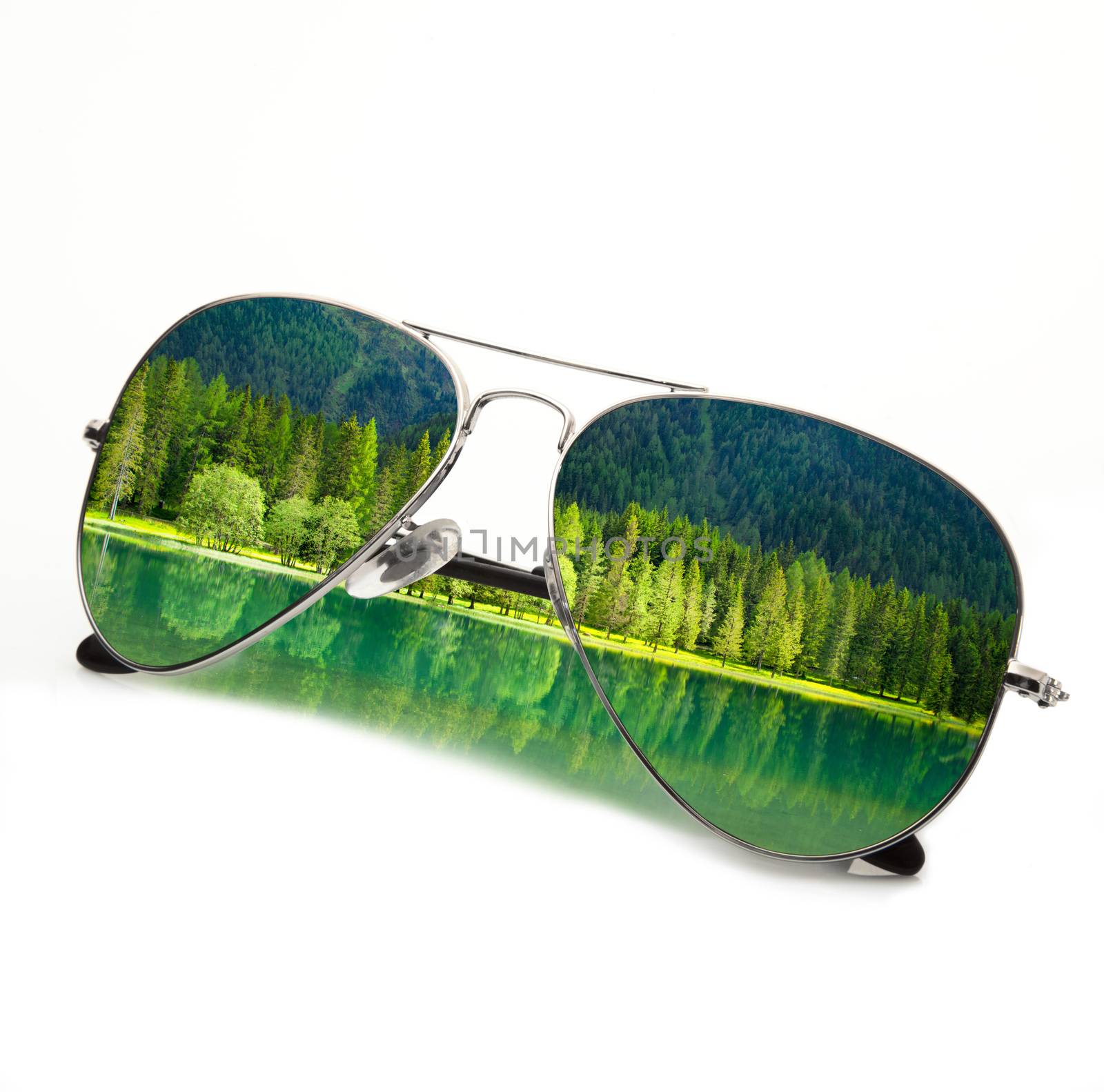 isolated lake mountain sunglasses on white background
