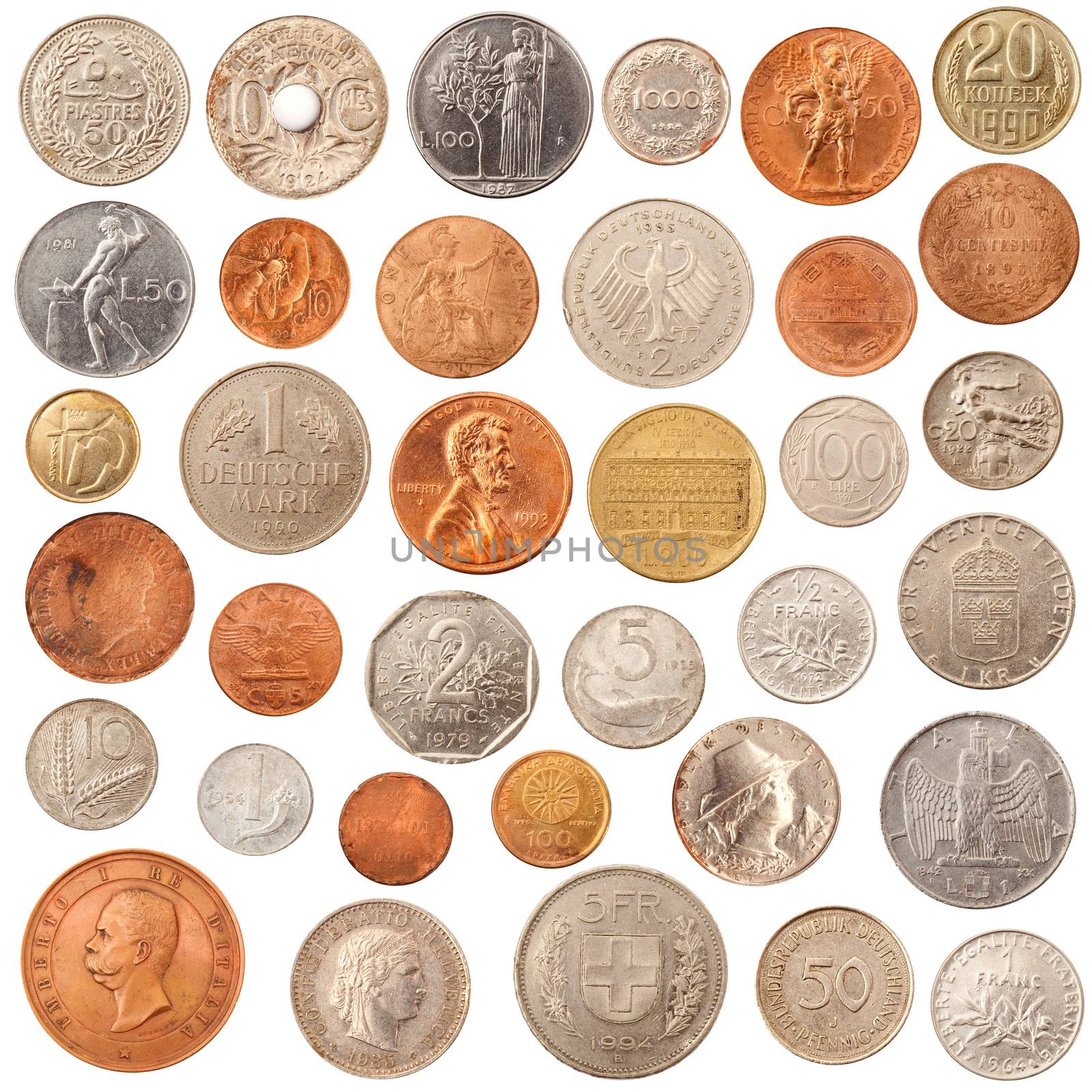 metal coins on white background
