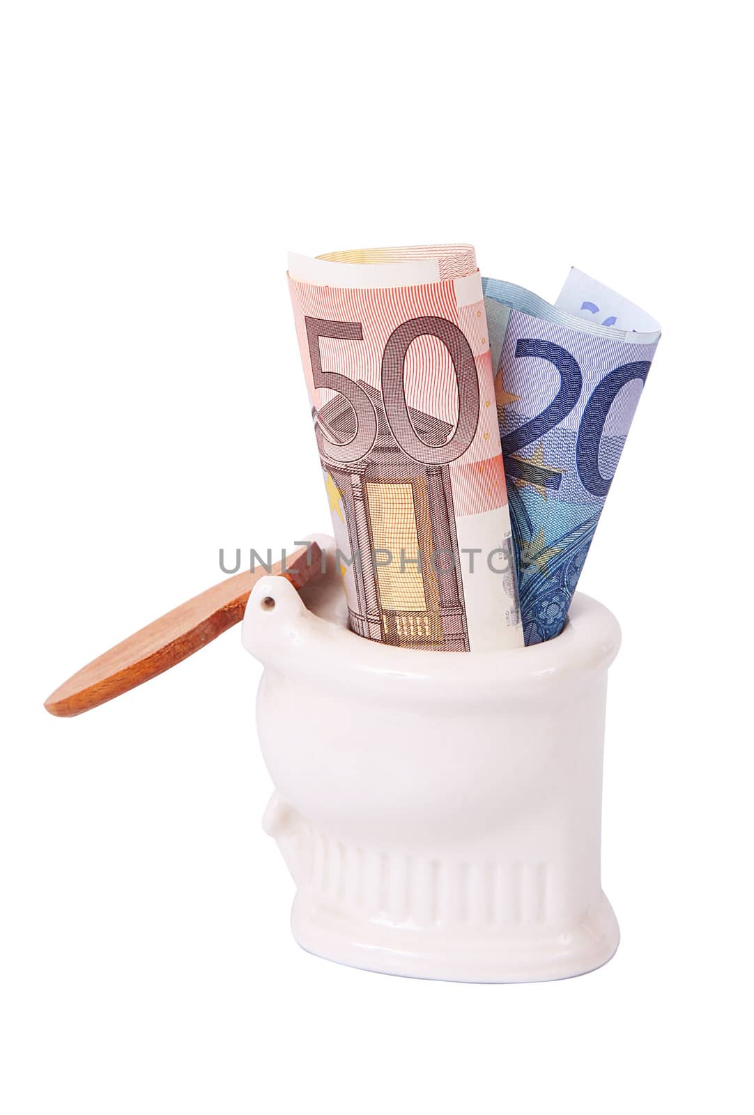 Money in toilet on white background