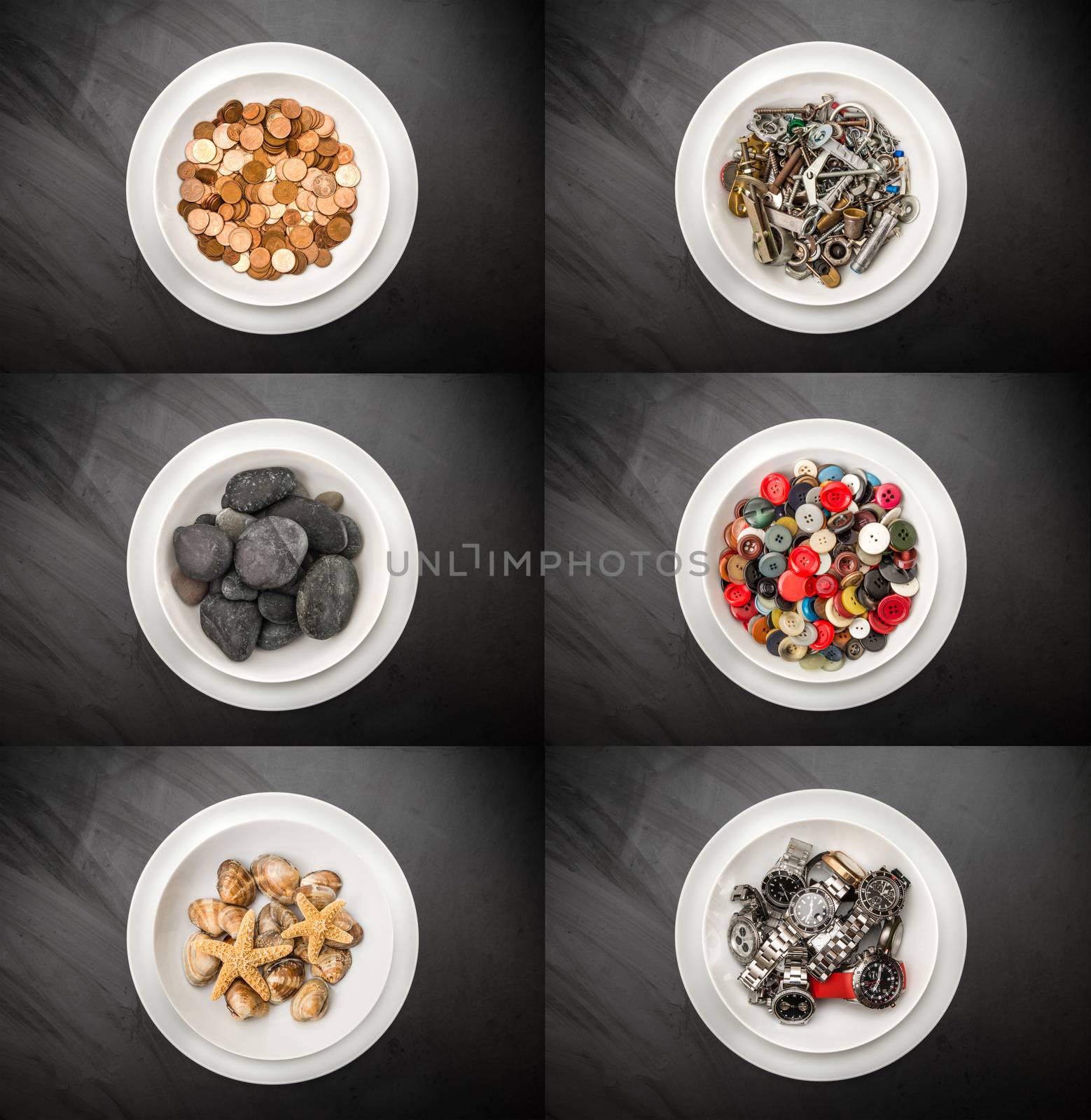 strange dish collage on dark background